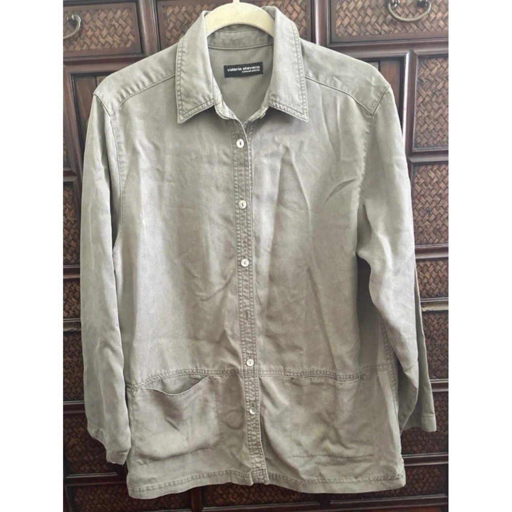 Shirt‎ Shacket Jacket Olive Green Womens Lyocell Button Up Long Sleeve Collar PM